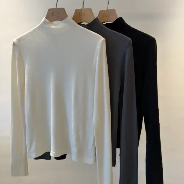 秋冬半高领打底衫女内搭保暖修身显瘦长袖纯色针织上衣外穿