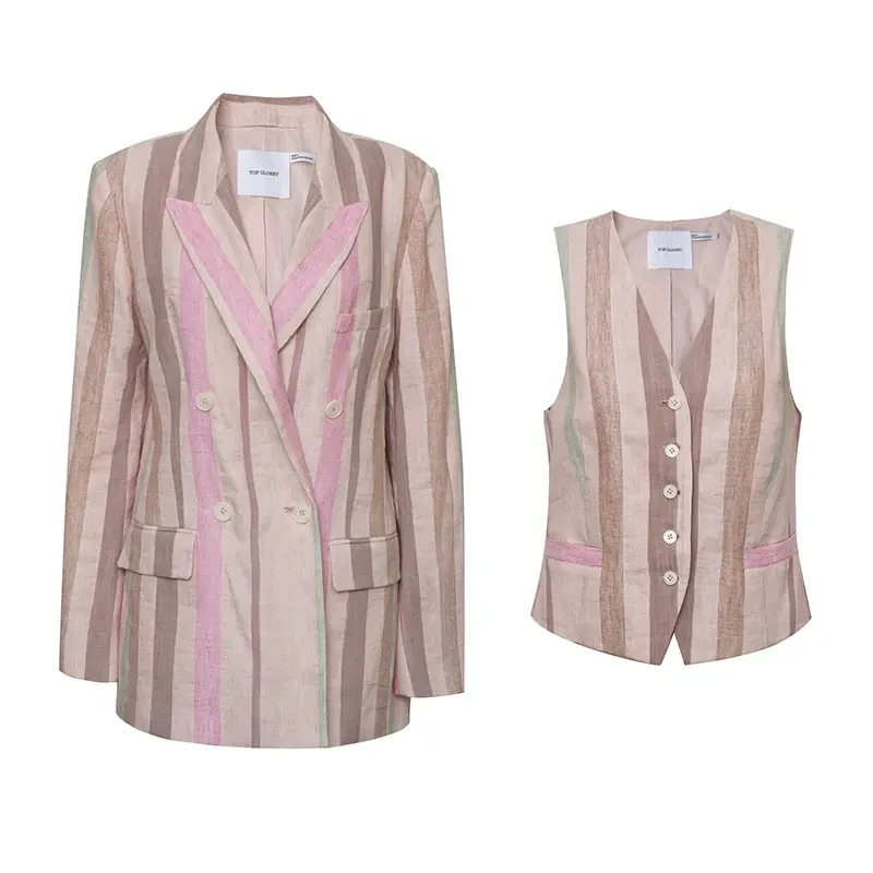 TOPCLOSET 法式复古慵懒色织彩条棉麻双排扣西服/马甲T25D6999