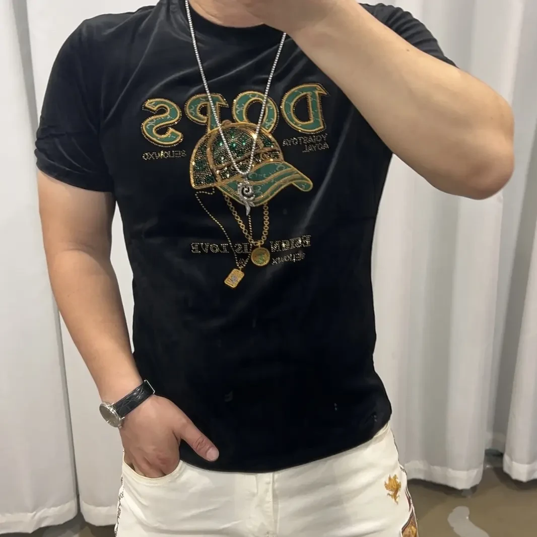 【高品质】秋季男士重工欧货烫钻T恤个性时尚修身打底帽子刺绣8807