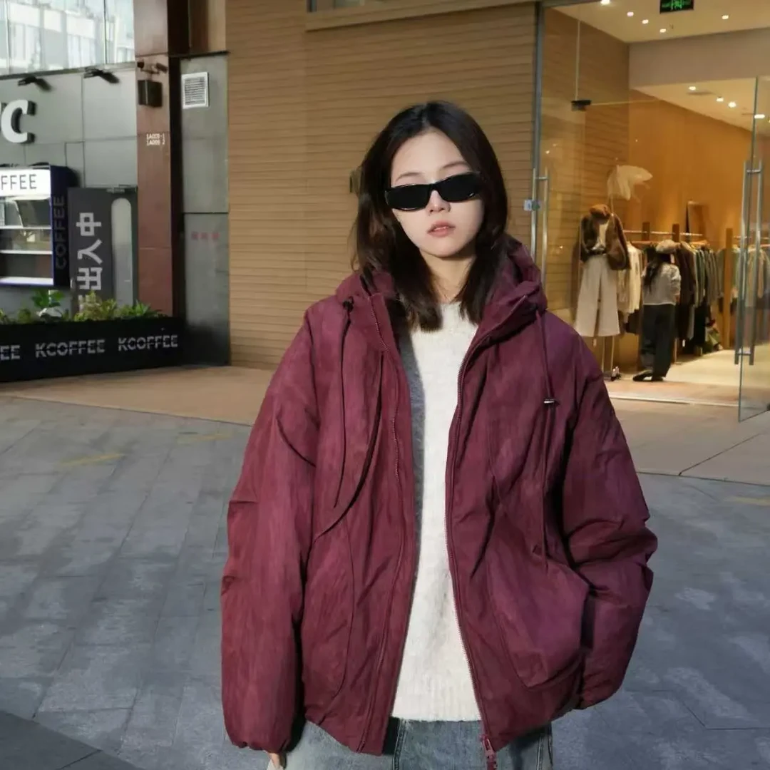 美式高街痞帅冬季保暖连帽宽松纯棉落肩休闲加棉情侣棉衣棉服加厚