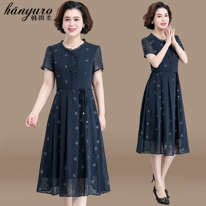 中年妈妈夏季连衣裙洋气2025新款中老年女装夏装短袖雪纺裙子气质