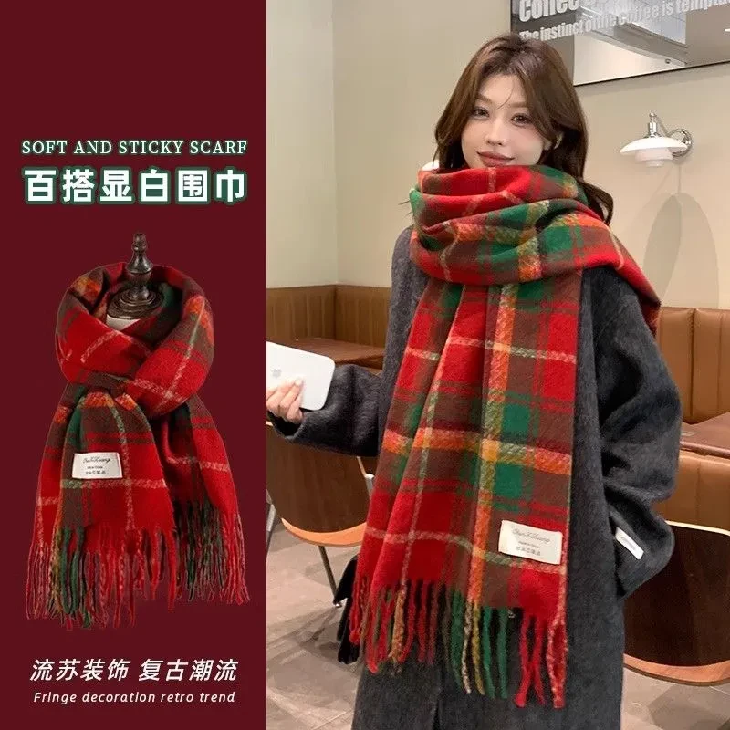 新款秋冬氛围感格子红色女冬季韩系百搭高级感披肩保暖防寒流苏Q