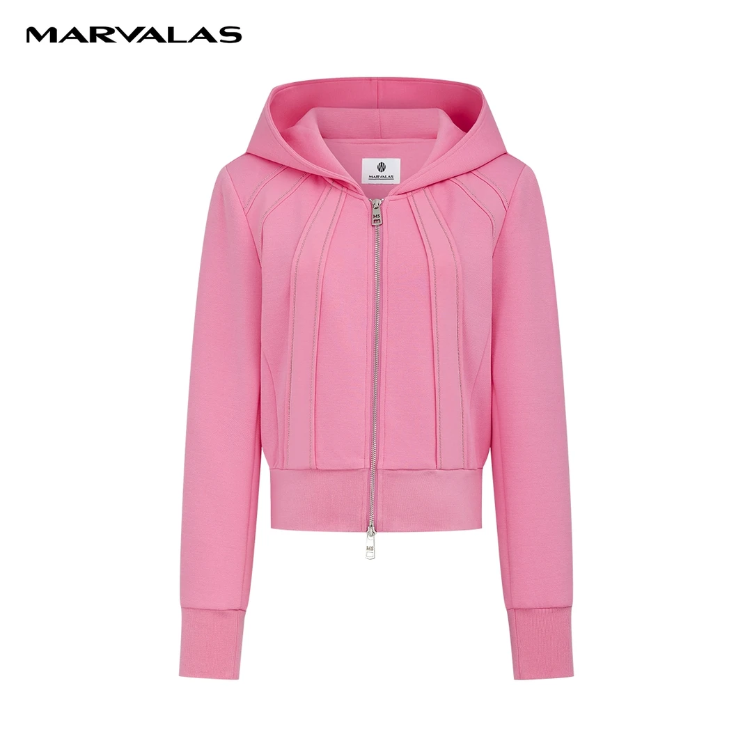 【商场同款】曼德诗短款外套2024春装新款连帽棉质纯色针织上衣女