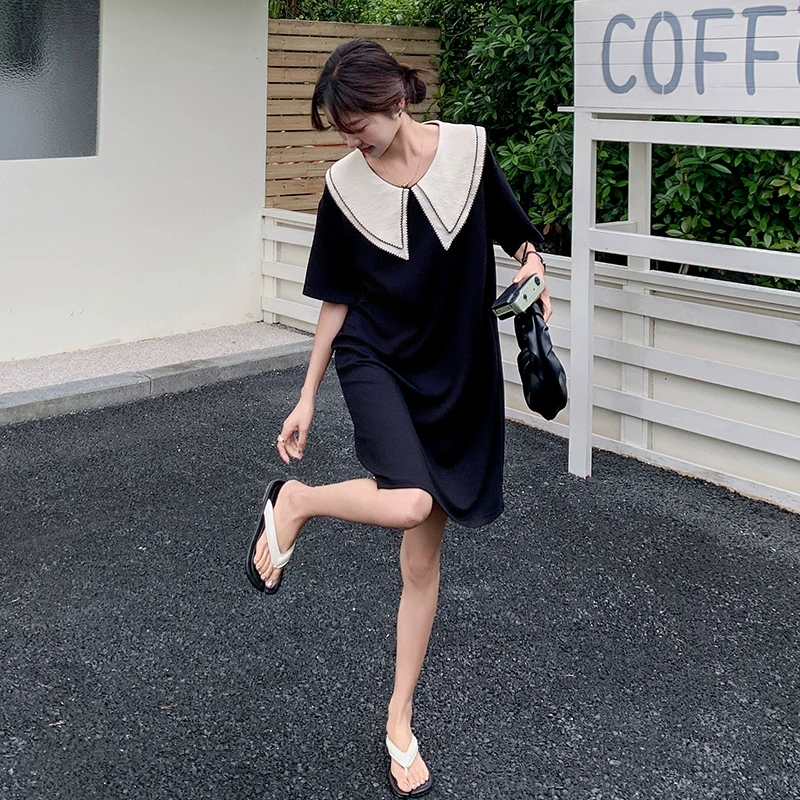 法式赫本风娃娃领连衣裙女夏小黑裙韩系减龄小个子大方得体简单