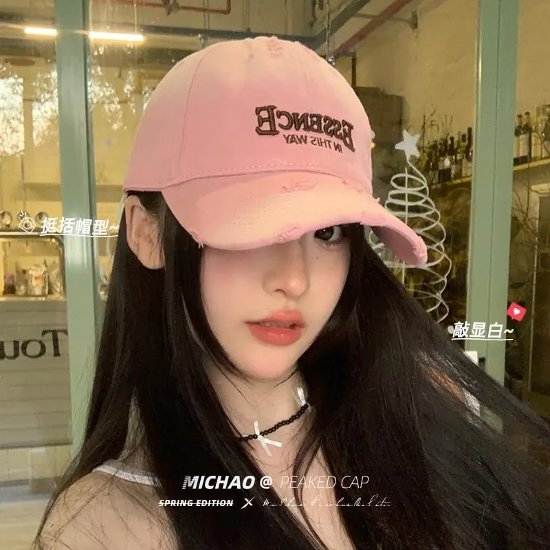 渐变浅粉色鸭舌帽子女春夏韩版复古做旧宽檐棒球帽显脸小遮阳
