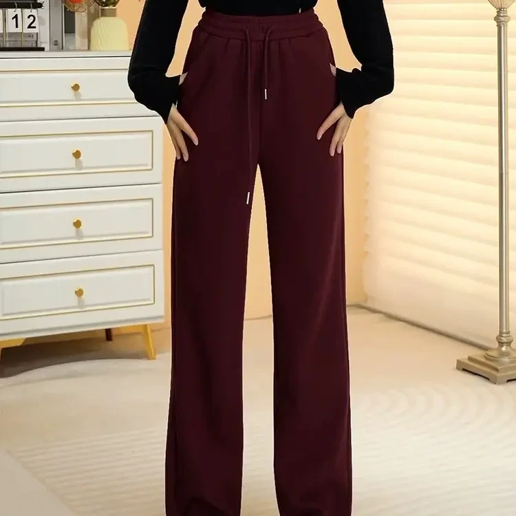红色高腰休闲裤显瘦直筒设计宽松阔腿裤小个子春秋女
