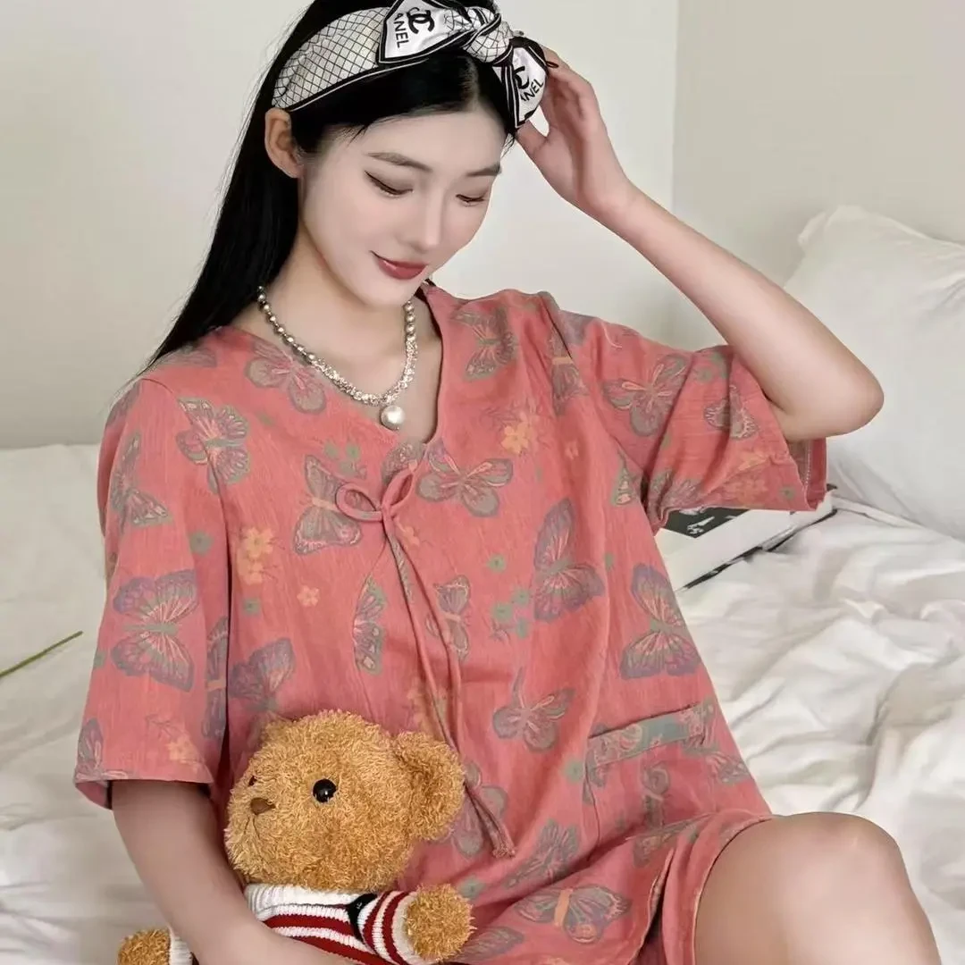 夏季爆款新中式双层纱睡衣女带口袋国风女士短袖短裤家居服套装