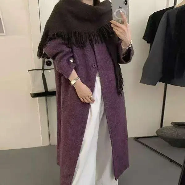 秋冬法式苏力羊毛双面大衣女长款带围巾毛呢外套高级感气质