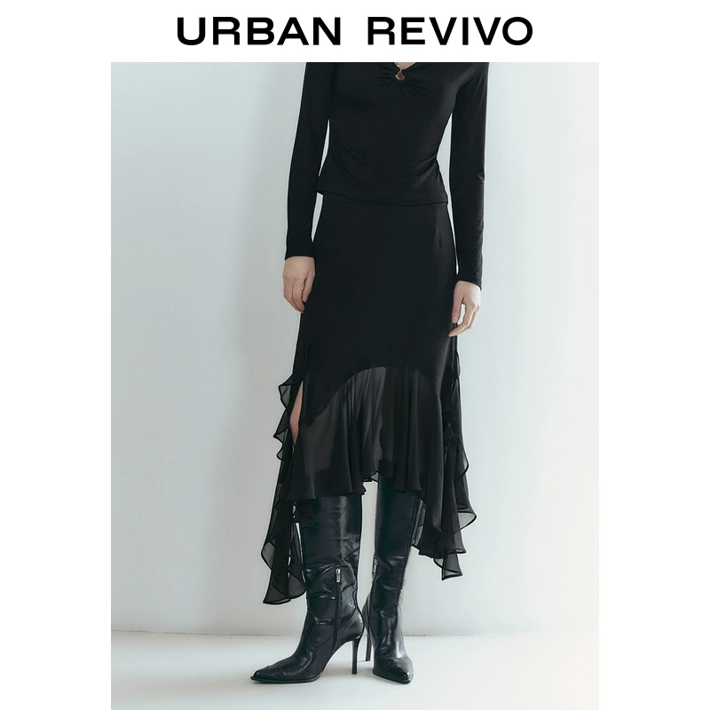 UR2025春季新款女装欧若风摩登魅力氛围感不对称A字半裙UWG550009