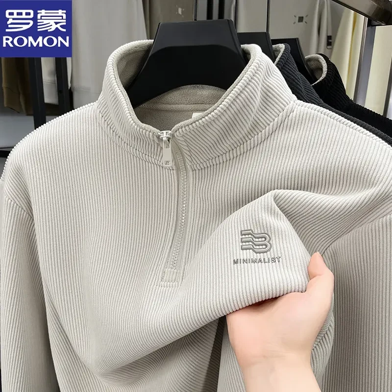 罗蒙半拉链立领加绒加厚卫衣男秋冬季长袖内搭保暖T恤打底套衫