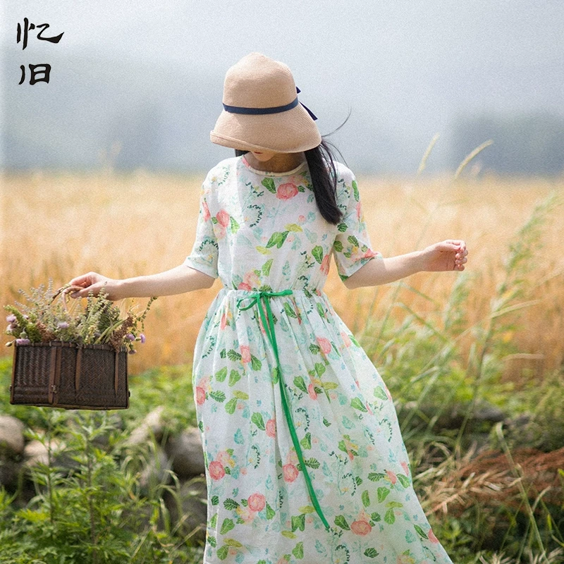 现货1398连衣裙女夏新款文艺复古休闲苎麻圆领长裙显瘦气质印花裙