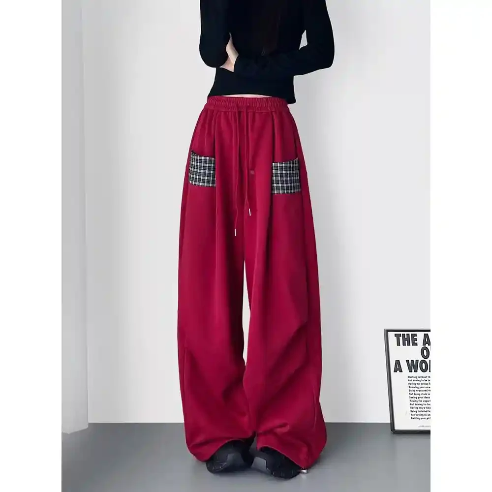 大码拼接格纹口袋慵懒风阔腿裤女秋季胖mm显瘦压褶直筒软糯运动裤