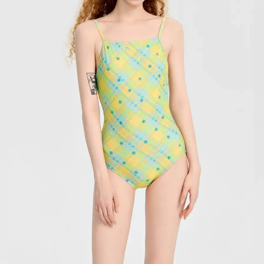 《梦幻花格》专业竞技女士三角连体印花遮肚显瘦竞速泳衣