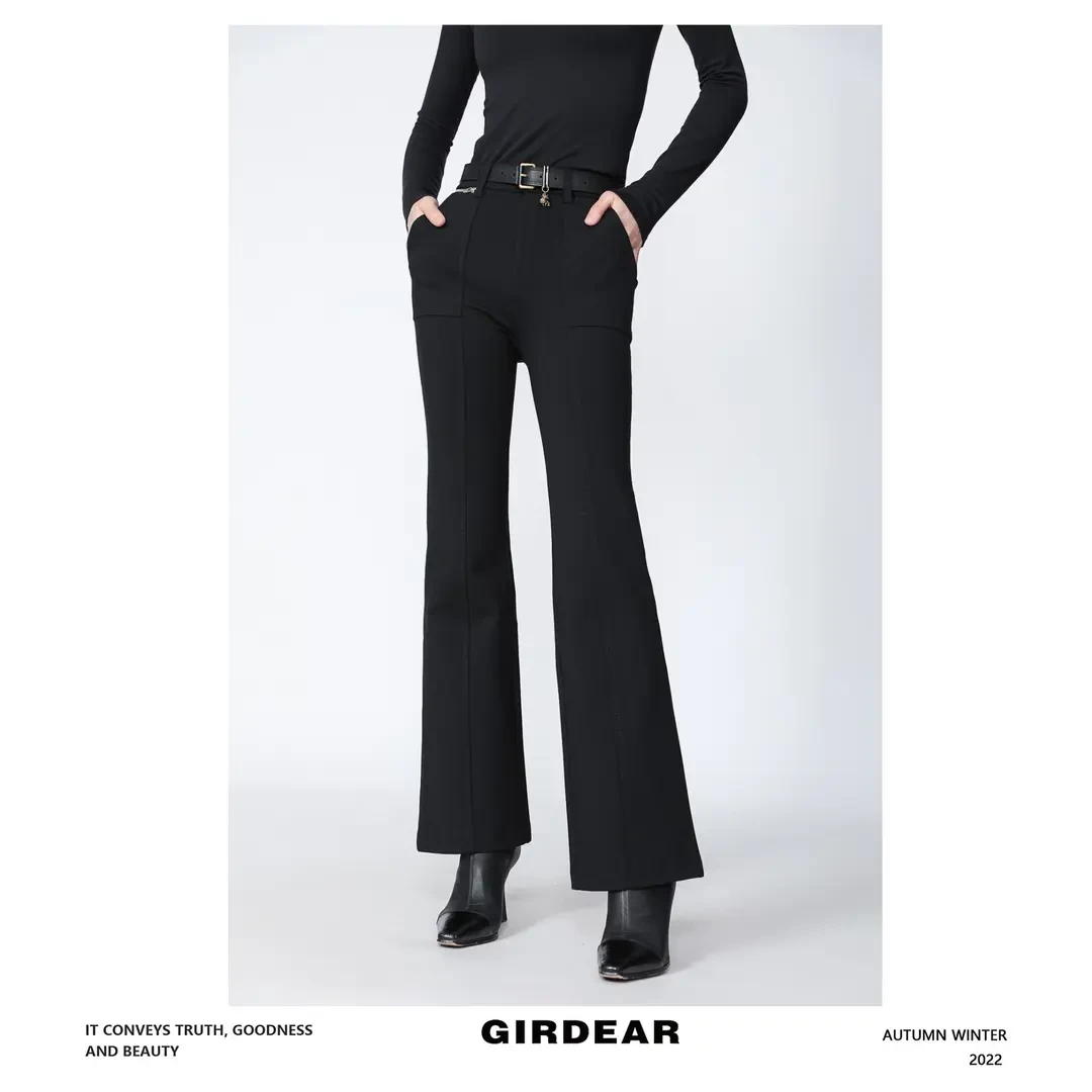 GIRDEAR/哥弟秋冬经典时尚中腰微喇裤显瘦显腿长植绒长裤1100429