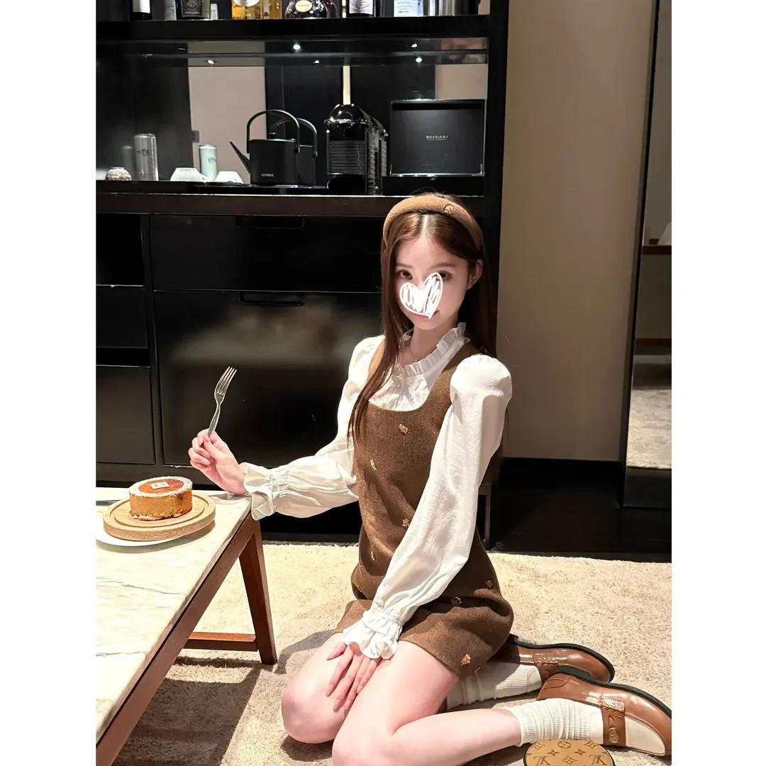 新款秋季25年时尚减龄秋冬焦糖咖毛呢子重工钉珠背心裙千金连衣裙