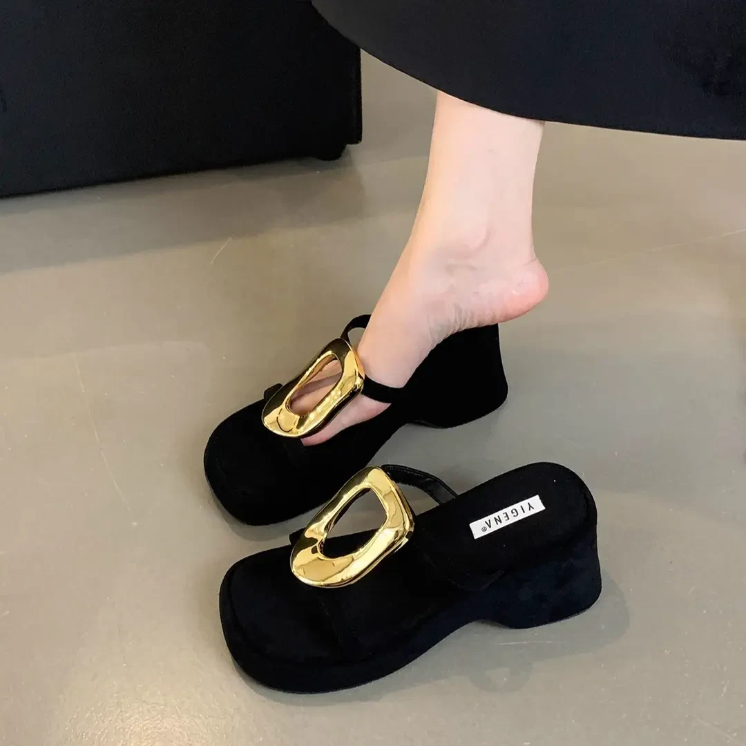 厚底增高坡跟凉拖鞋女夏季2025新款配裙子高级感法式黑色高跟凉鞋