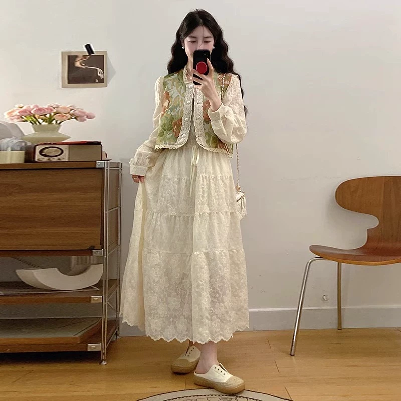 微胖妹妹大码法式复古提花马甲套装女超好看设计感连衣裙两件套