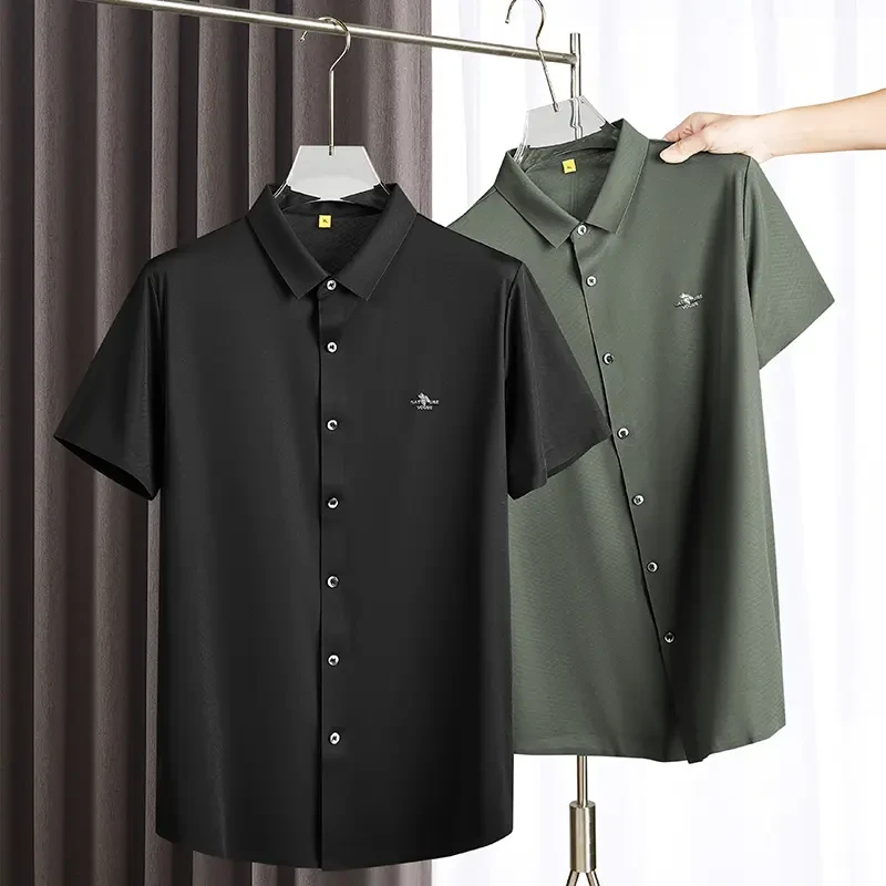 6127【冰丝透气】胖子加肥加大码衬衣男装商务休闲纯色翻领短袖衬衫