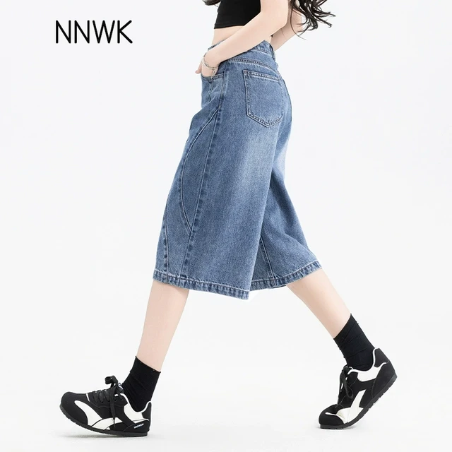 复古蓝牛仔短裤女夏季薄款2025新款宽松阔腿六分裤女天丝棉七分裤