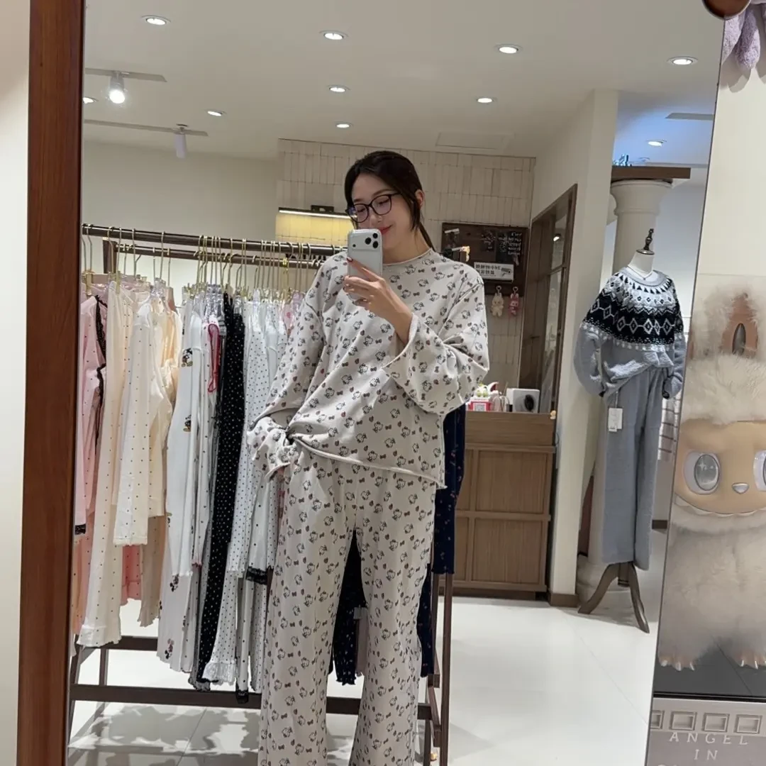 可爱俏皮风春秋款满印KT猫长袖长裤睡衣家居服套装