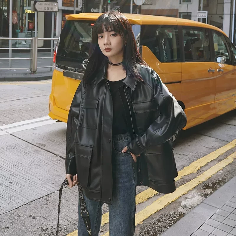 美式复古宽松休闲黑色皮衣外套女春秋2025新款独特超好看pu皮夹克