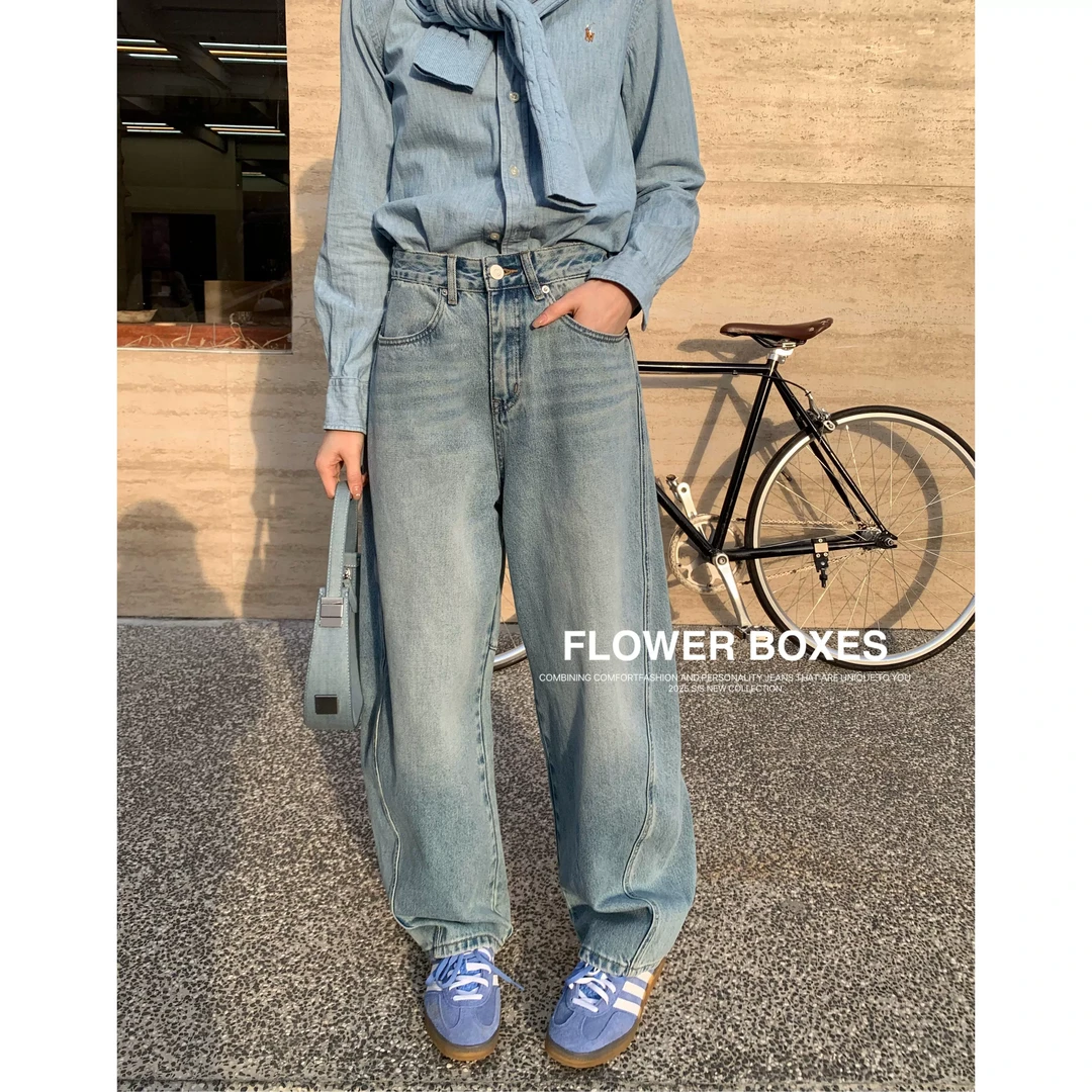 花匣子牛仔裤官方旗舰店做旧蓝宽松老爹弯刀裤2025新款常规503263