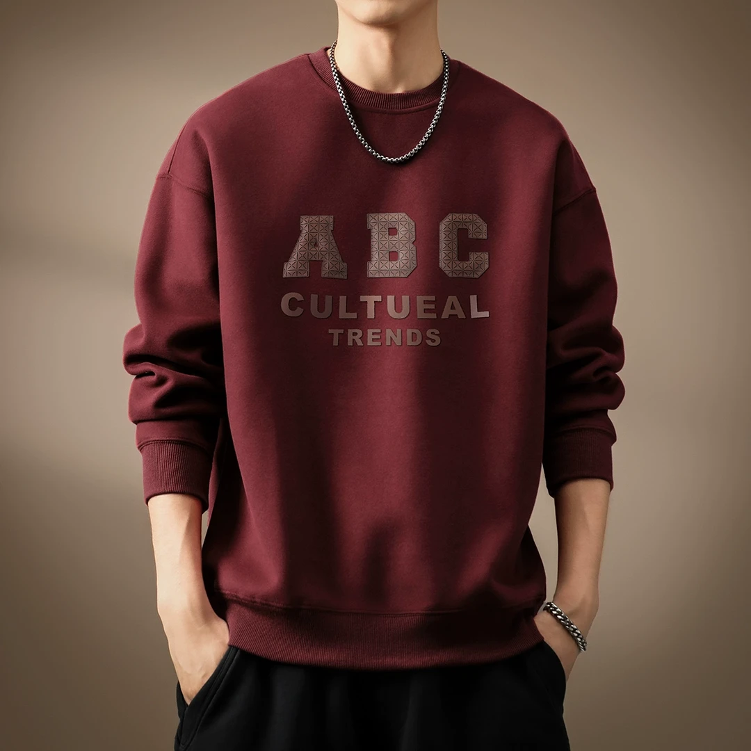 高端重磅酒红色美式复古卫衣男2025秋季新款潮牌宽松印花男士上衣