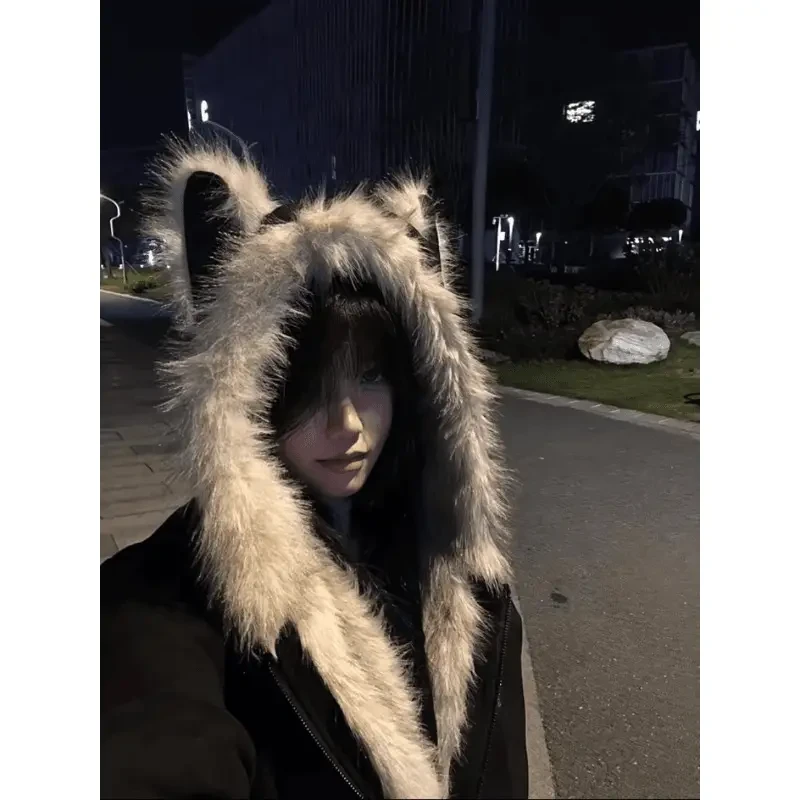 美式cleanfit黑色猫耳座山雕夹克棉服男款秋冬季加绒加厚连帽外套