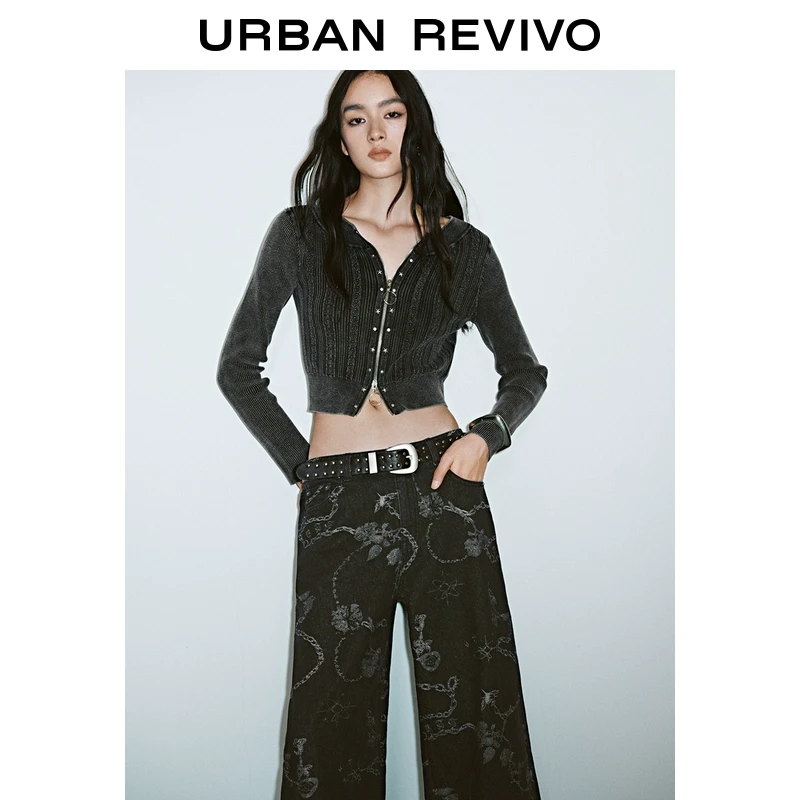 UR2025秋季新款女街头风肌理感双拉链铆钉针织开衫UYV950017