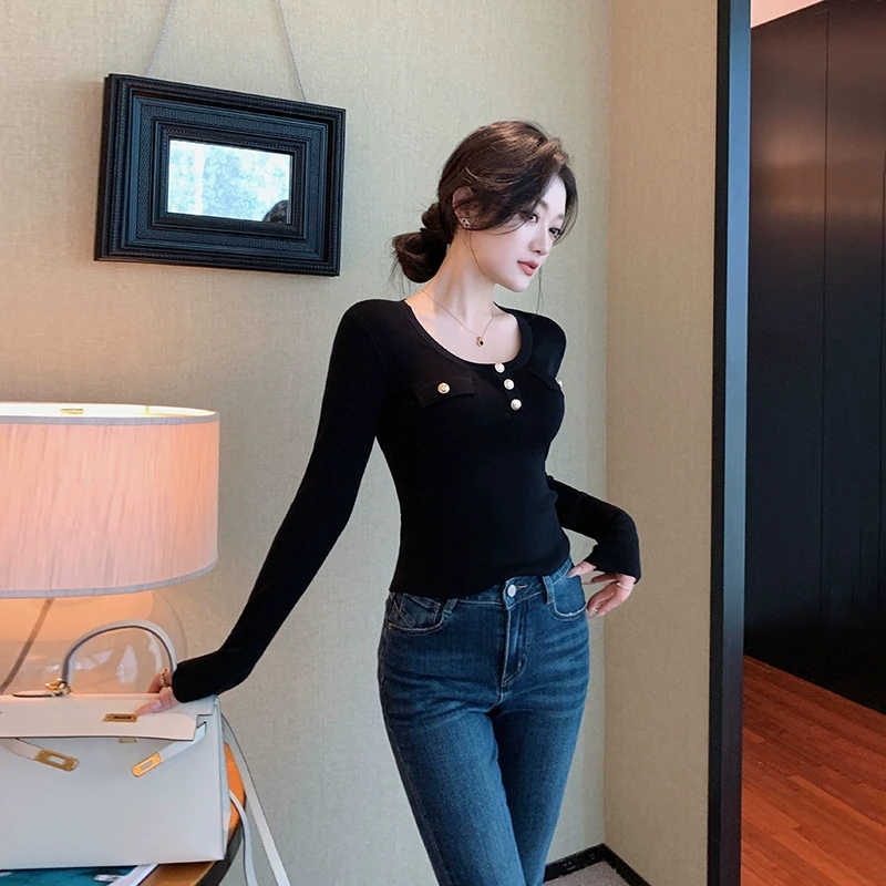 林关关【气质选手】黑色针织衫可单穿内搭打底衫气质修身显瘦上衣女