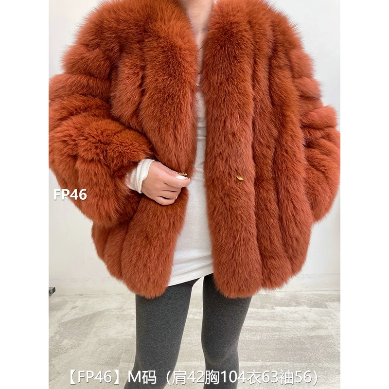 【FP46】M码 橘红狐竖条短款狐狸毛大衣皮草外套 V领斜纹袖