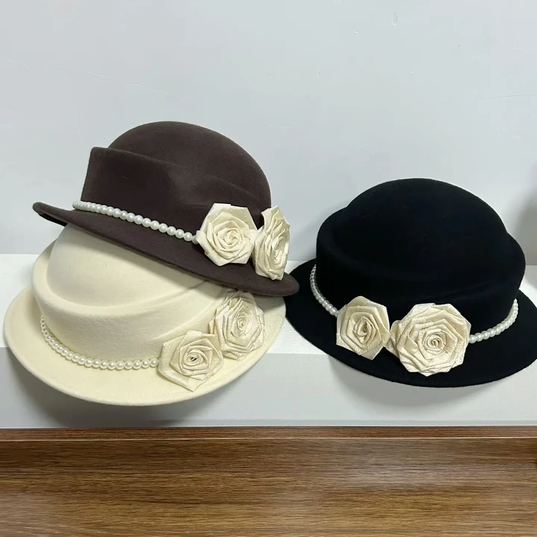 女冬季法式黑色复古毛呢千金风礼帽女士山茶花帽子