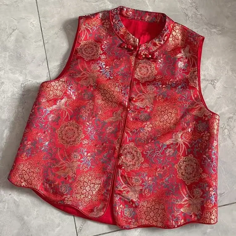 F2606复古中式国风烫金提花短版百搭马甲