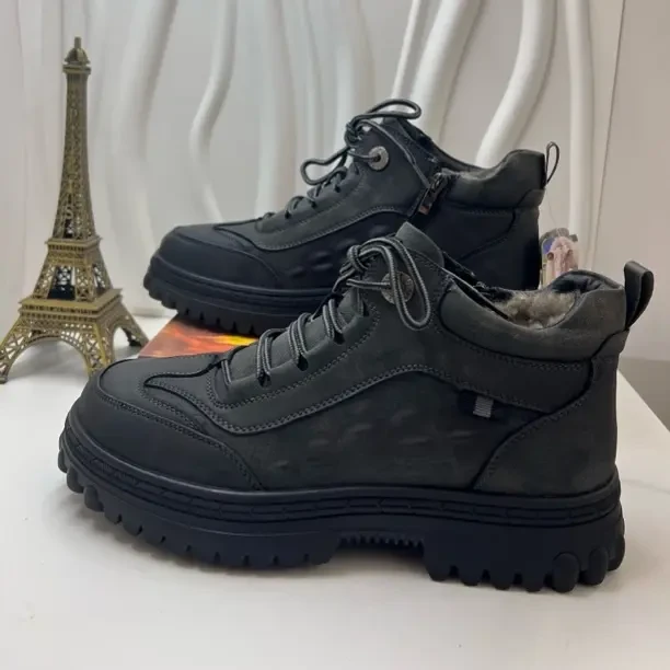 83538拉链圆头牛皮磨砂皮皮毛一体羊毛休闲皮鞋高帮系带棉鞋