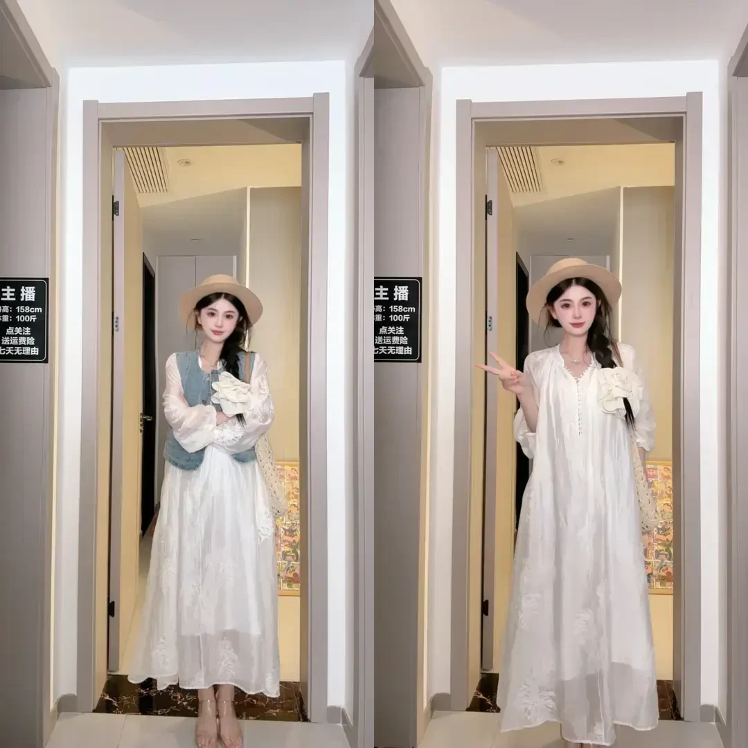 【媛媛专属】天丝高级感法式绣花长袖2025新款宽松绝美纱裙长裙
