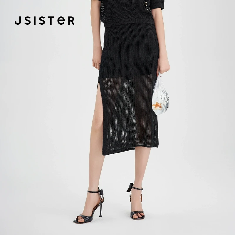 jsister 夏装新款 JS女装时尚黑色针织中裙 S421212239