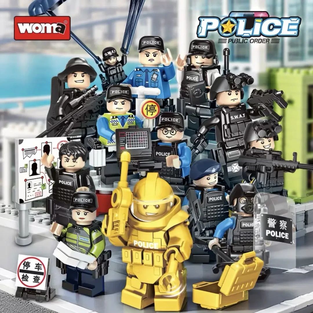沃马新款警察特警人仔突击队交警拼装小人偶男孩儿童积木益智玩具