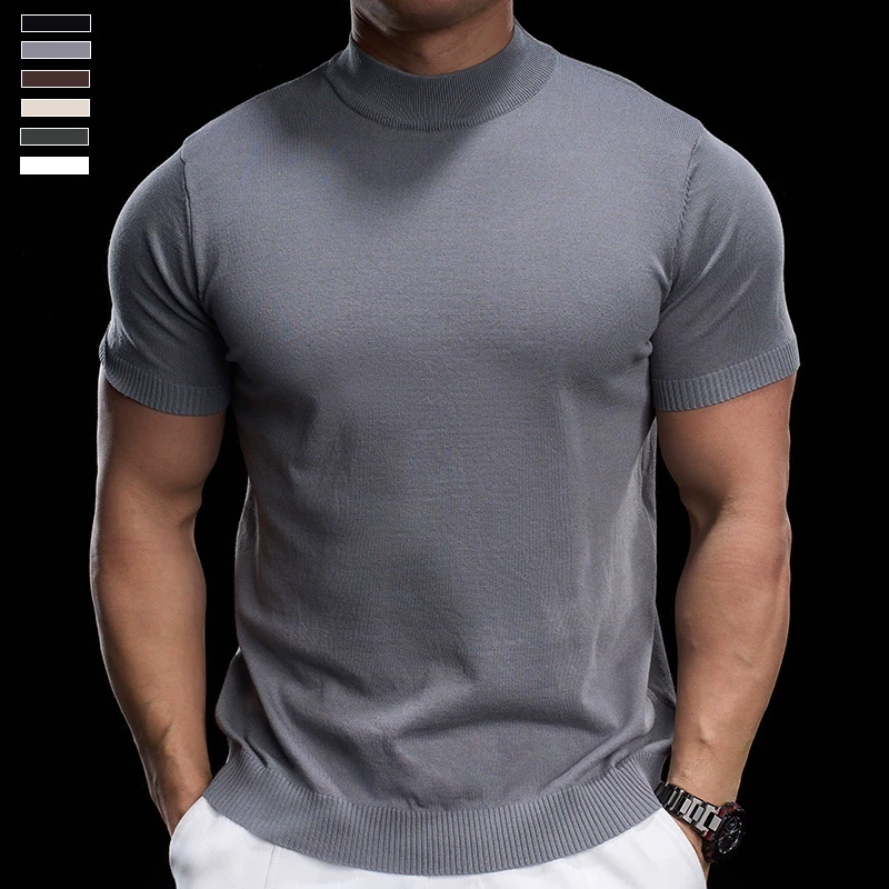 霸道肌肉春秋圆领毛衣男修身百搭冰丝t恤半袖弹力针织短袖打底衫