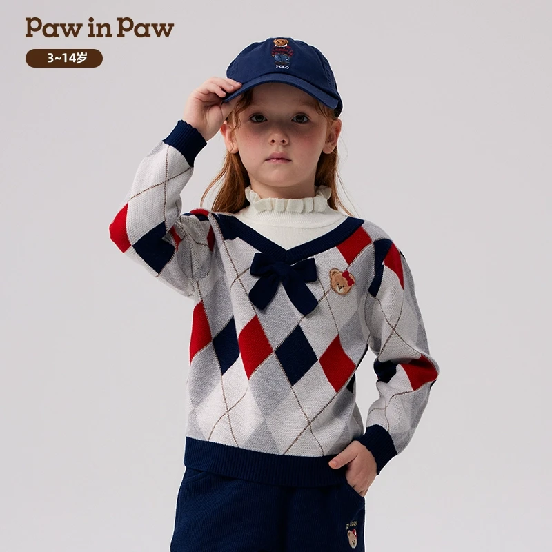 童装24年秋冬新款女童拼接圆领柔软提花毛衣PCKAE4T23M