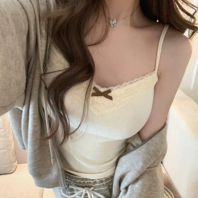 春夏带胸垫吊带背心性感蝴蝶结蕾丝内搭打底吊带上衣女外穿显瘦Z