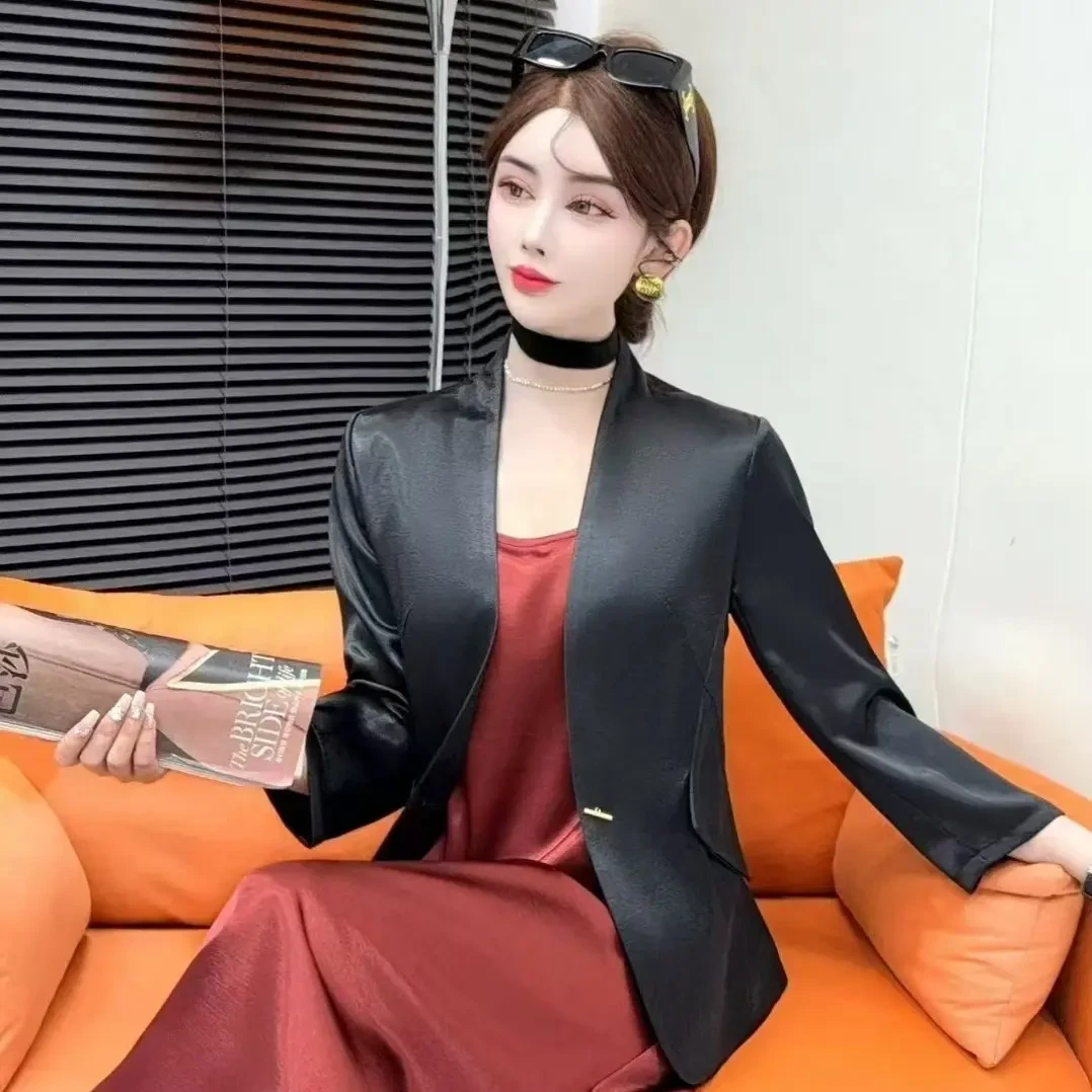 夏季西装上衣外套纯色缎面显瘦气质女时尚西服外套洋气
