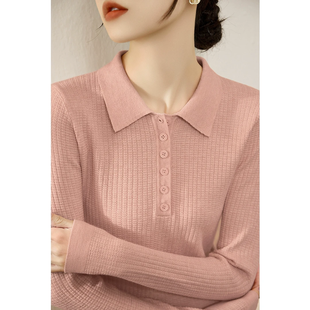 韩系气质百搭款针织上衣女2025春季新款POLO领修身显瘦打底衫毛衣