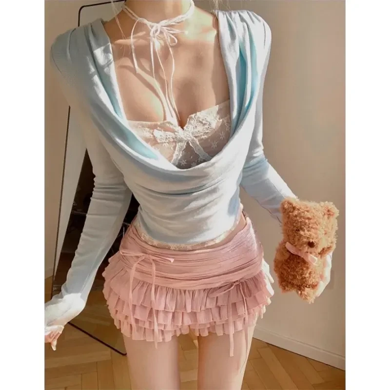 海盐椰椰 春季新款纯欲假两件蕾丝荡领长袖修身显瘦打底T恤上衣女