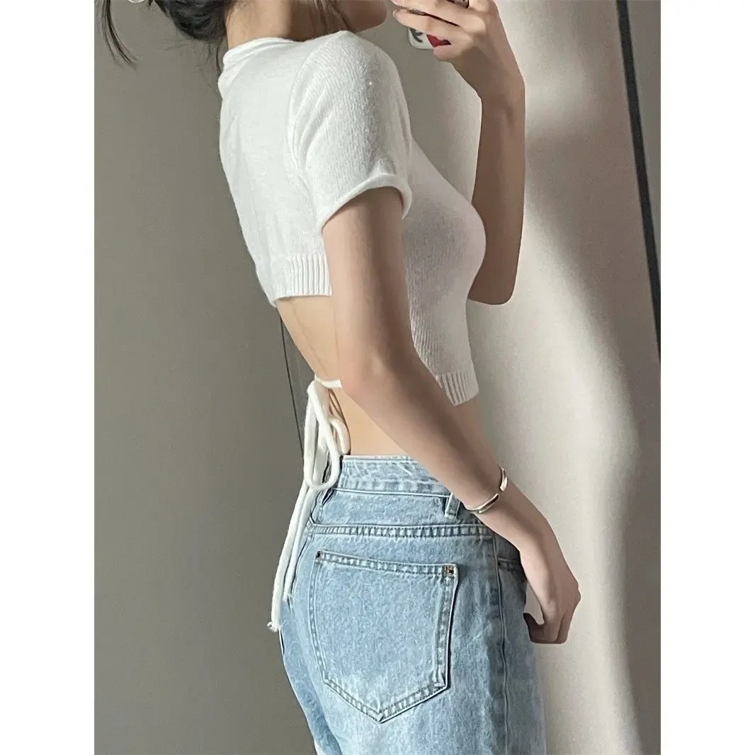 白色针织短袖恤女薄款甜辣风上衣短款设计感露背系带体恤小众