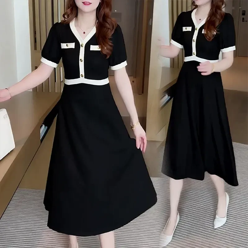 夏季假两件连衣裙女中长款2025新款韩版时尚气质V领收腰显瘦裙子