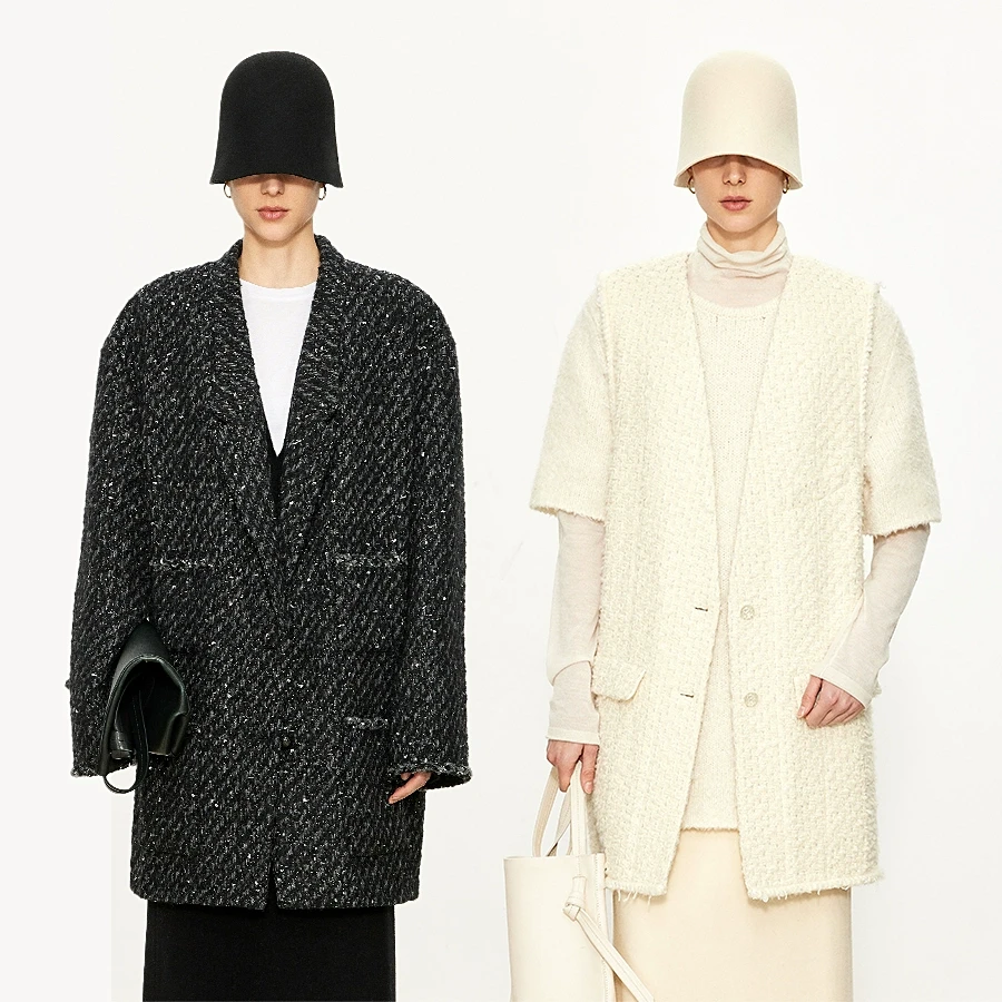 CHICJOC法国/意大利近荃毛粗花呢 松弛小香西装大衣/V领中长马甲