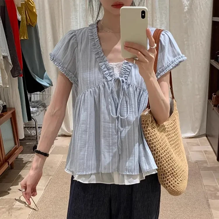 2025夏季新款小清新系带蓝色条纹木耳边假两件短袖衬衫