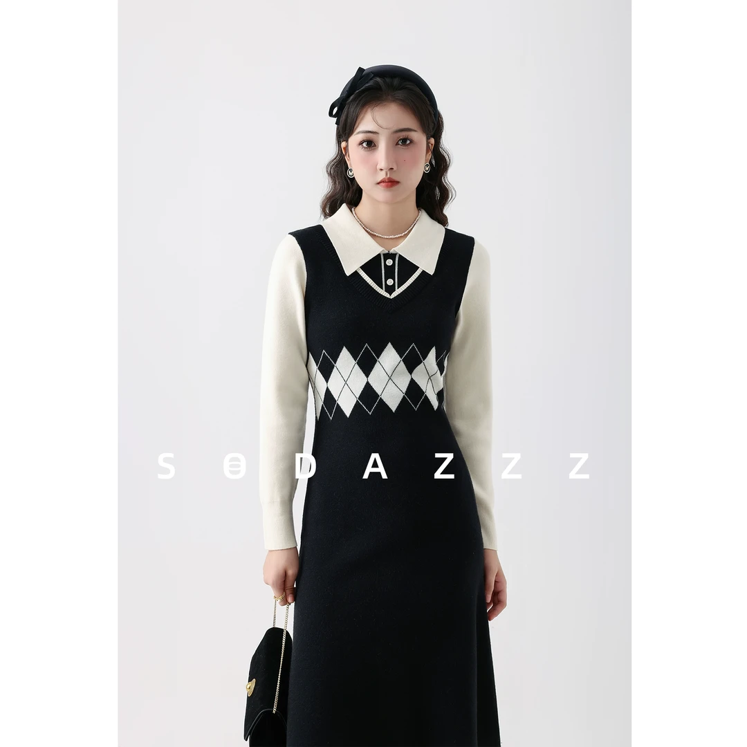【ZBT直播间】黑色配大衣裙撞色针织拼接假两件毛衣连衣裙LZQS02038