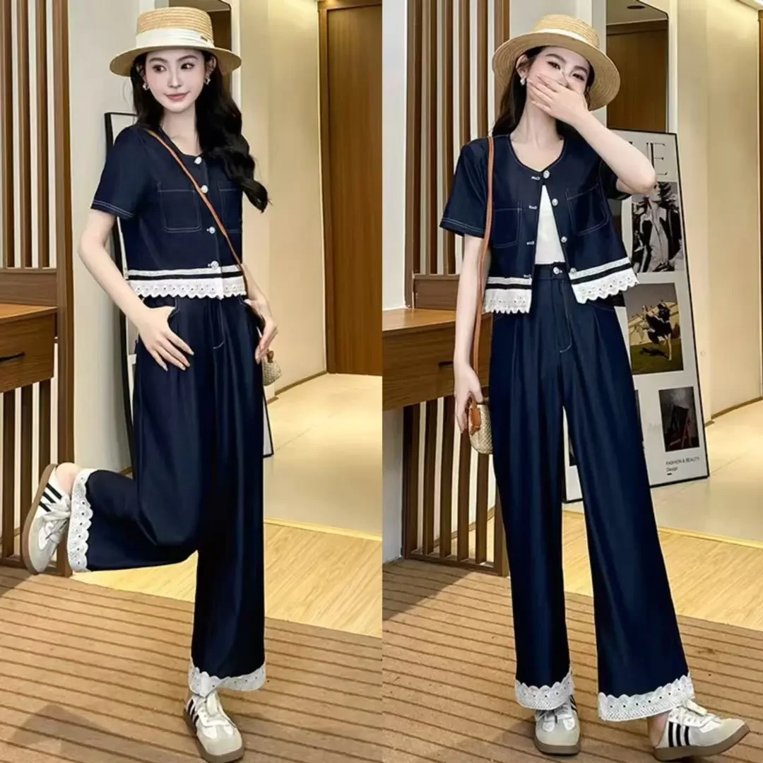 ShanBao小众不撞款套装2025蕾丝拼接短款上衣阔腿裤减龄洋气两件