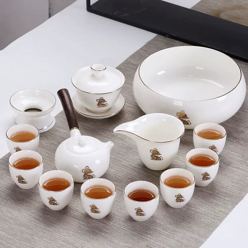 创意十二生肖羊脂玉功夫茶具套装盖碗茶壶白瓷整套家用功夫茶具